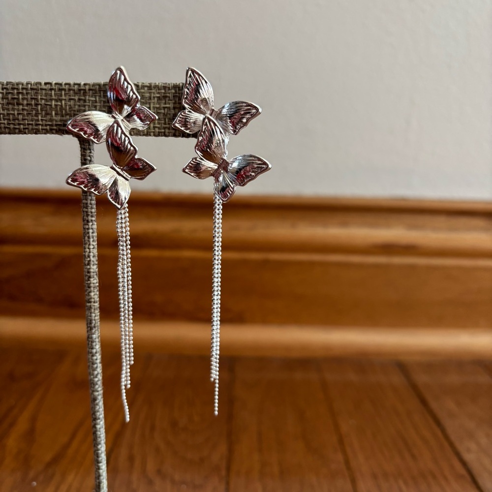 Silver Tone Delicate Butterfly Earrings with Dangling Chains